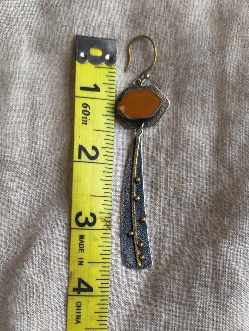 Artisan Orange Aventurine Hexagon Drop Earrings with Mixed Metal Accents Boho - Picture 7 of 8